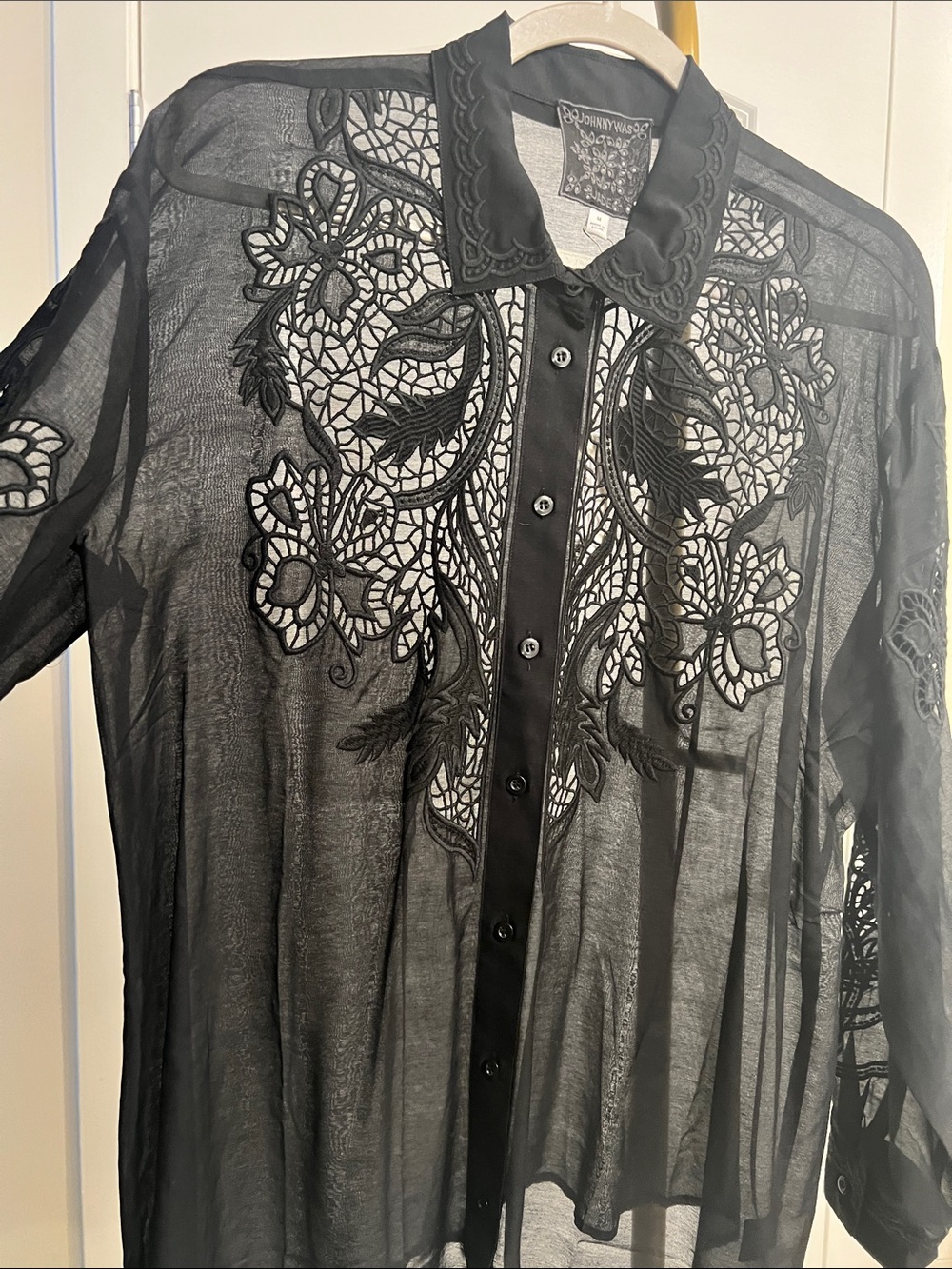 Johnny Was Black Sheer Embroidered Button-Up Top
